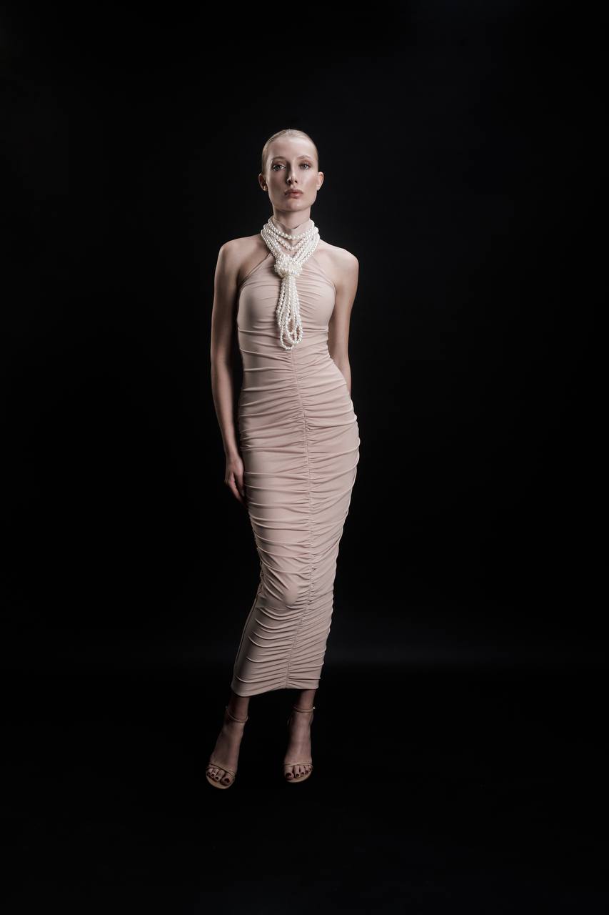 Beige Ruched Dress with Pearls