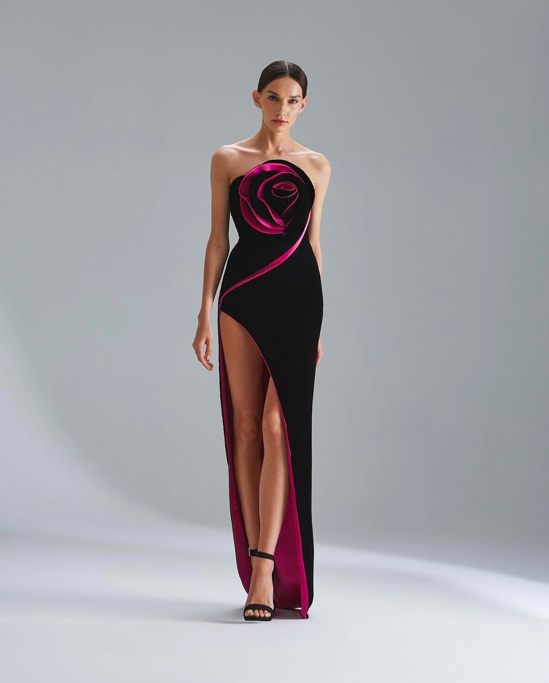 Black Velvet Gown with Fuchsia Rose