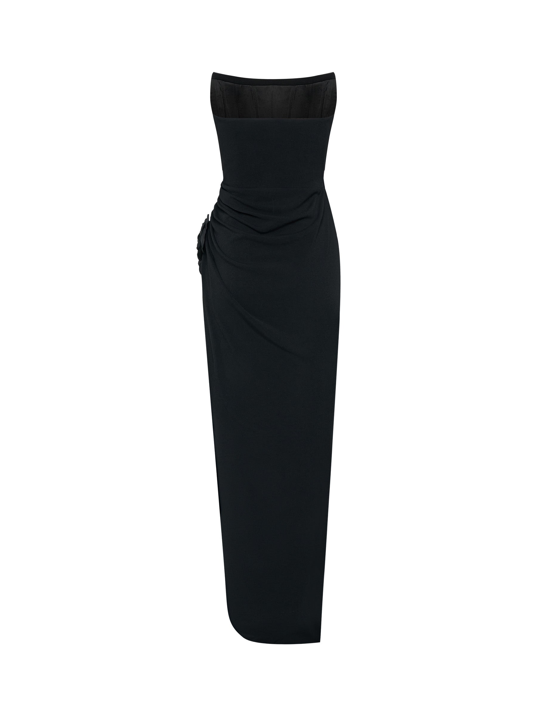 Black Strapless Gown with Rose Detail
