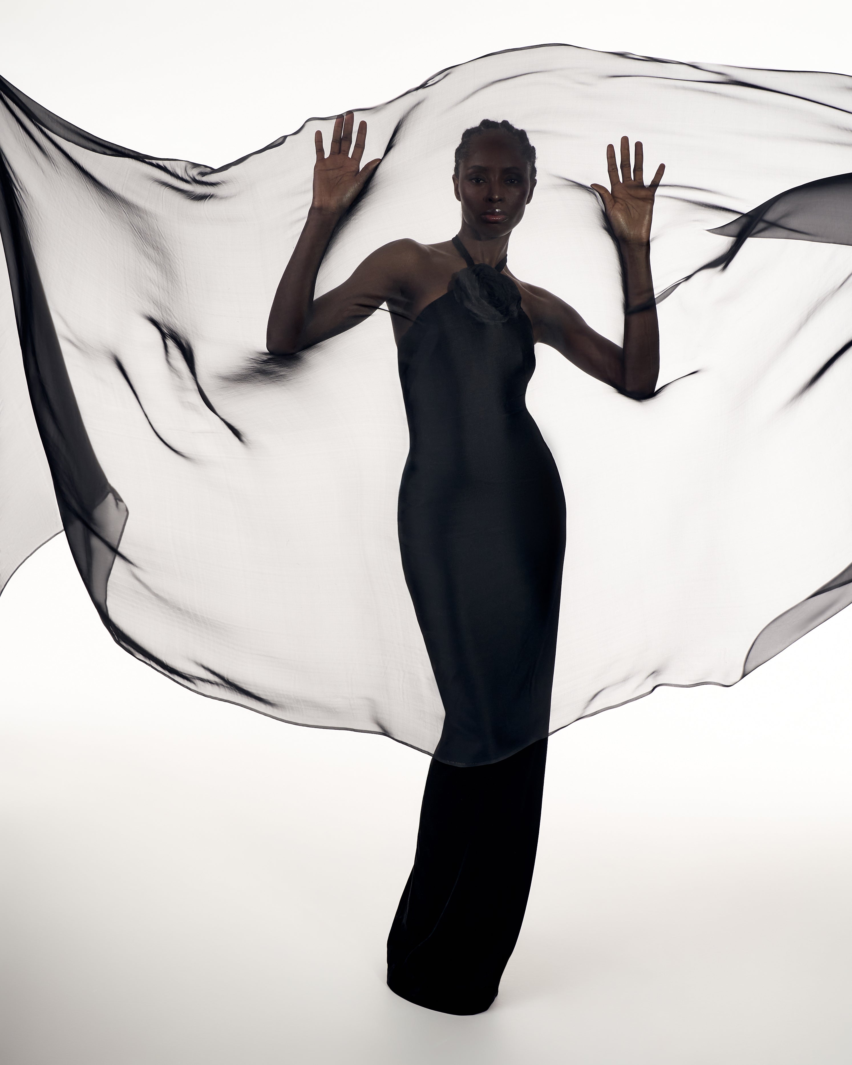 Black Velvet Gown with Rose Accent