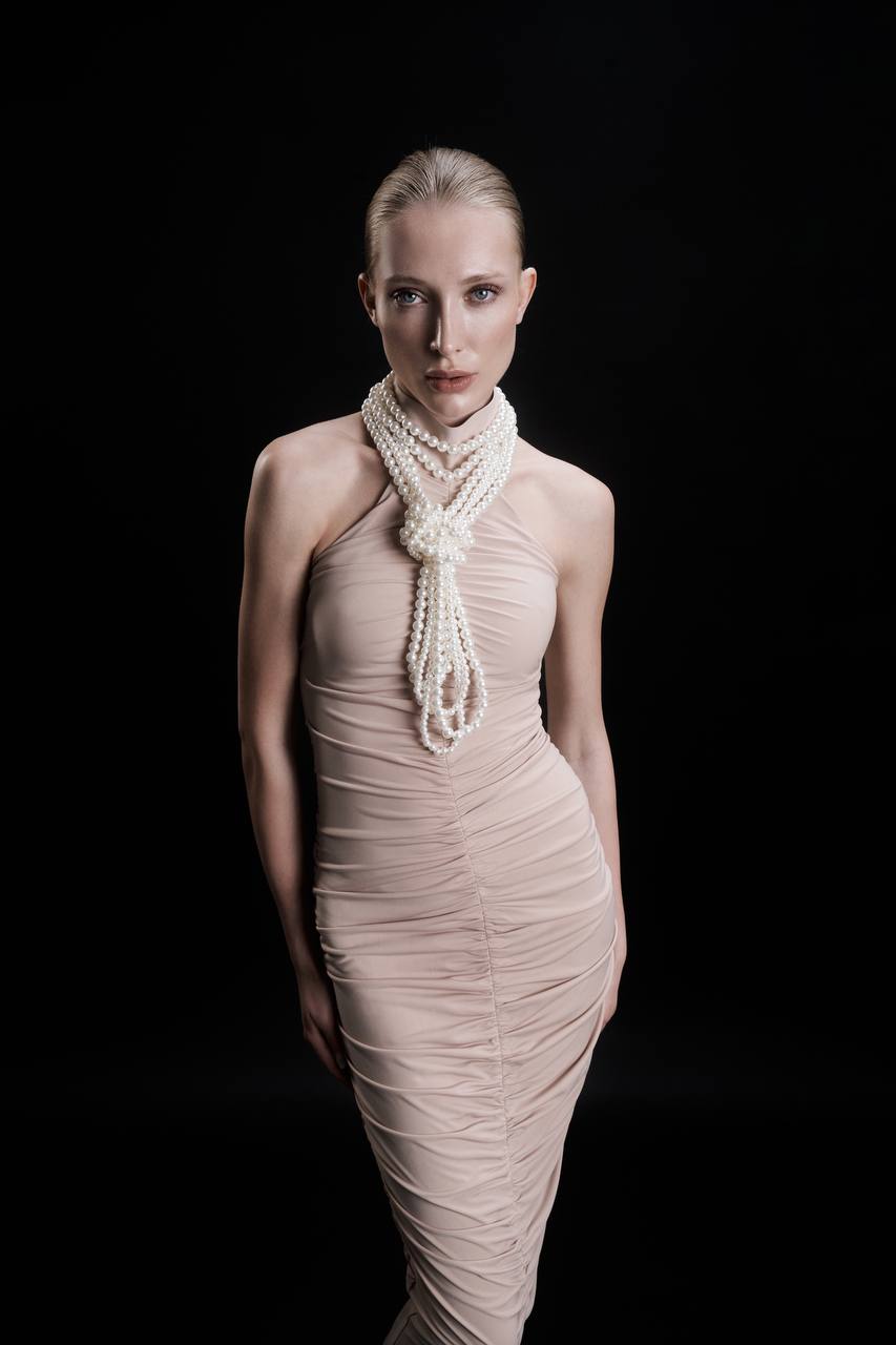 Beige Ruched Dress with Pearls