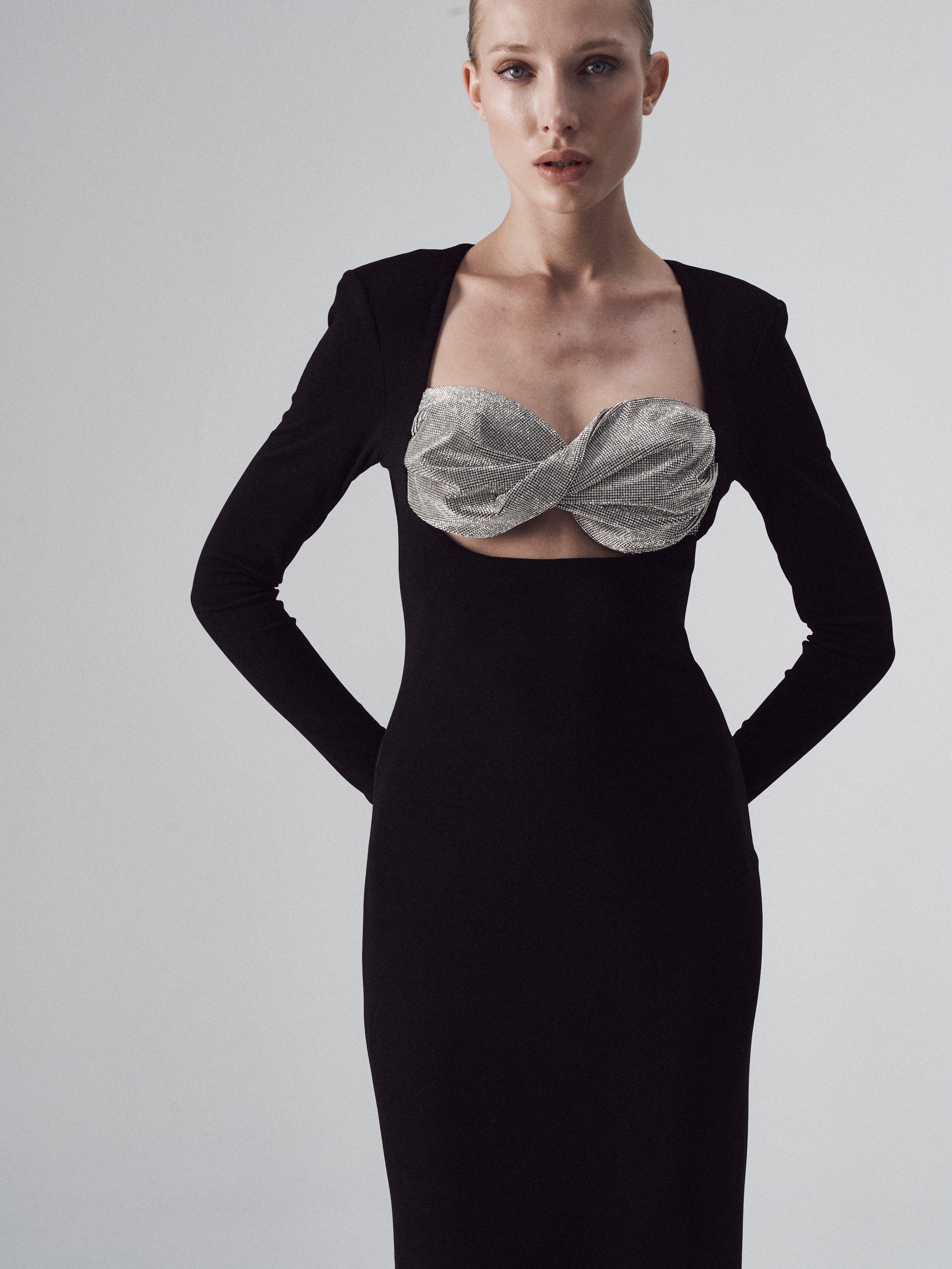 Evening dress in jersey with crystal embellishment