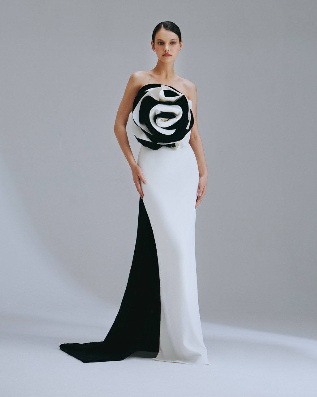 Black & White Gown with Oversized Rose