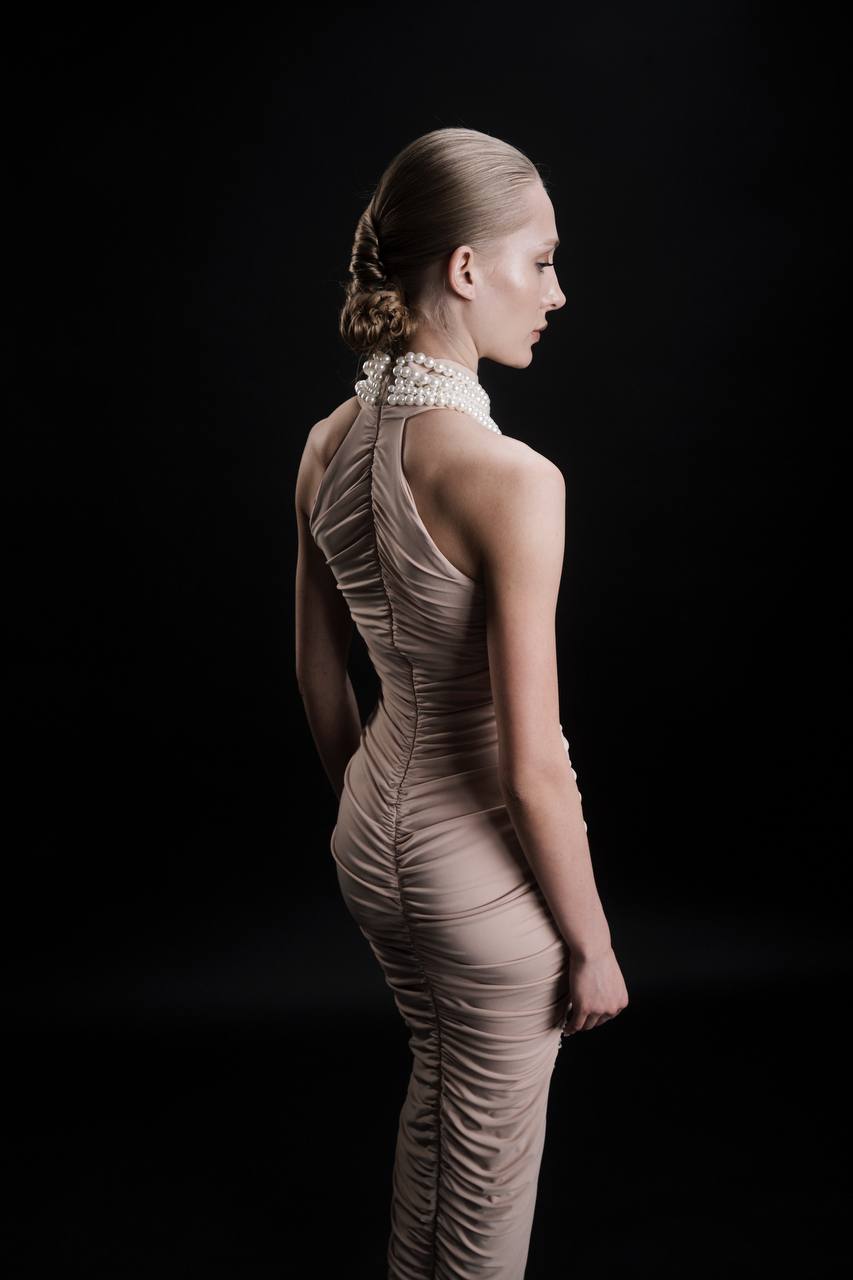 Beige Ruched Dress with Pearls