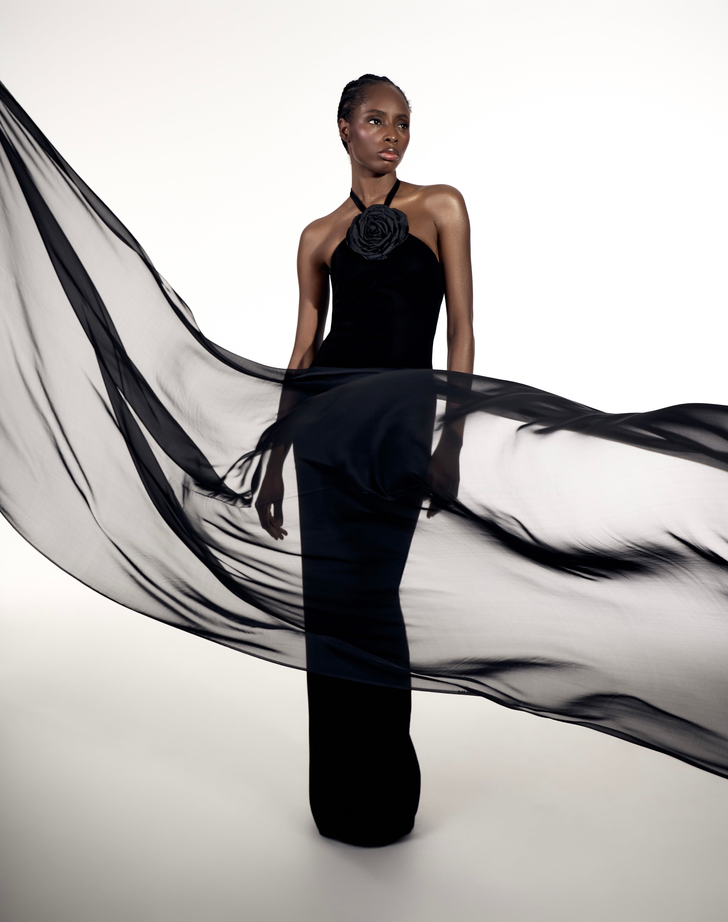 Black Velvet Gown with Rose Accent