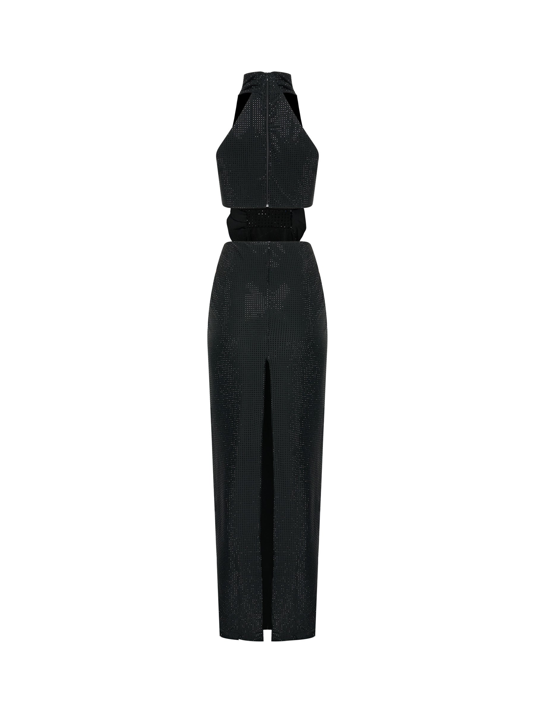Black halter gown with floral waist detail
