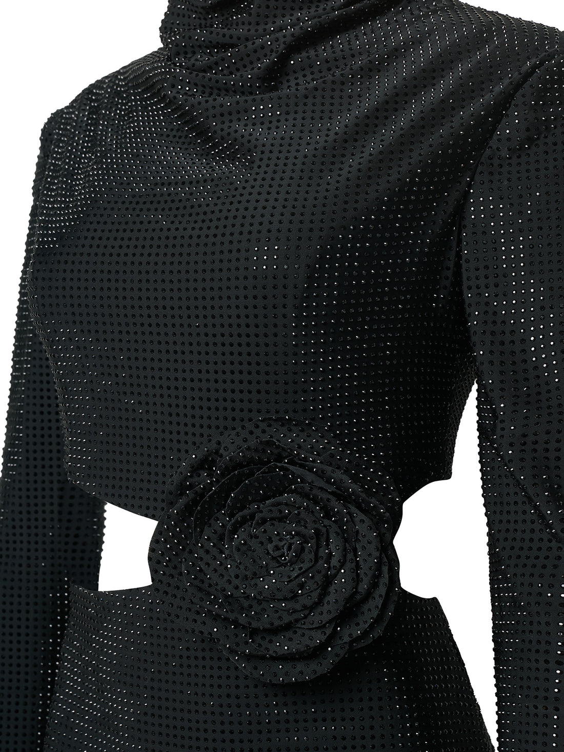 Black long-sleeve gown with floral waist detail