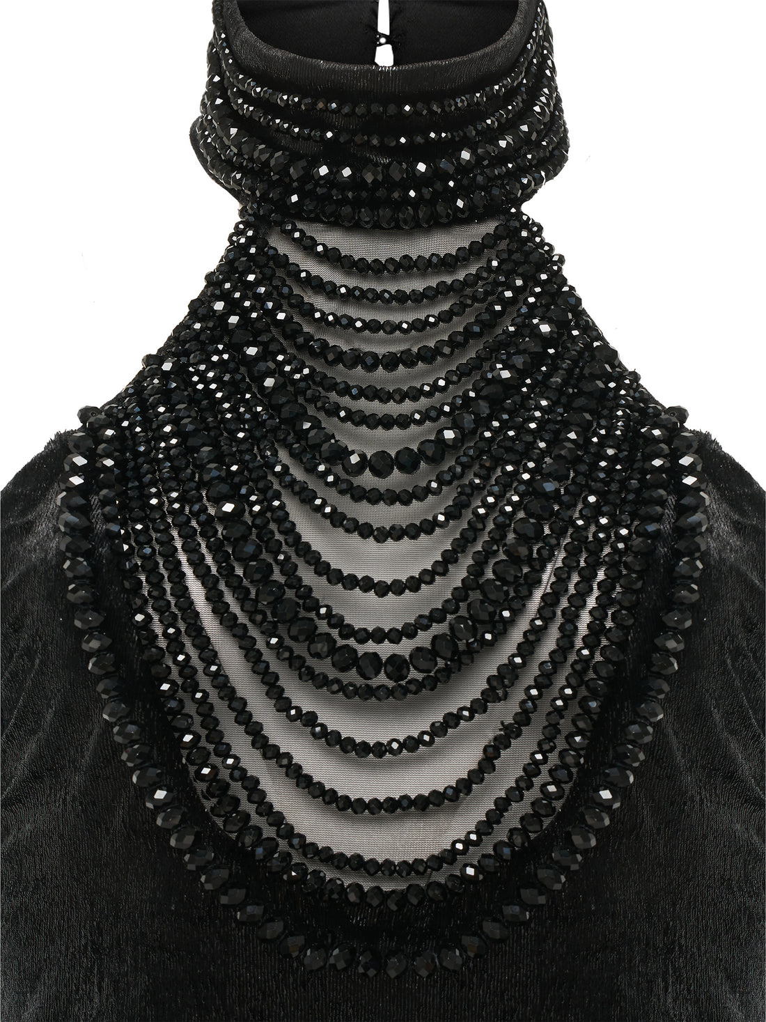 Black gown with cascading crystal neckline