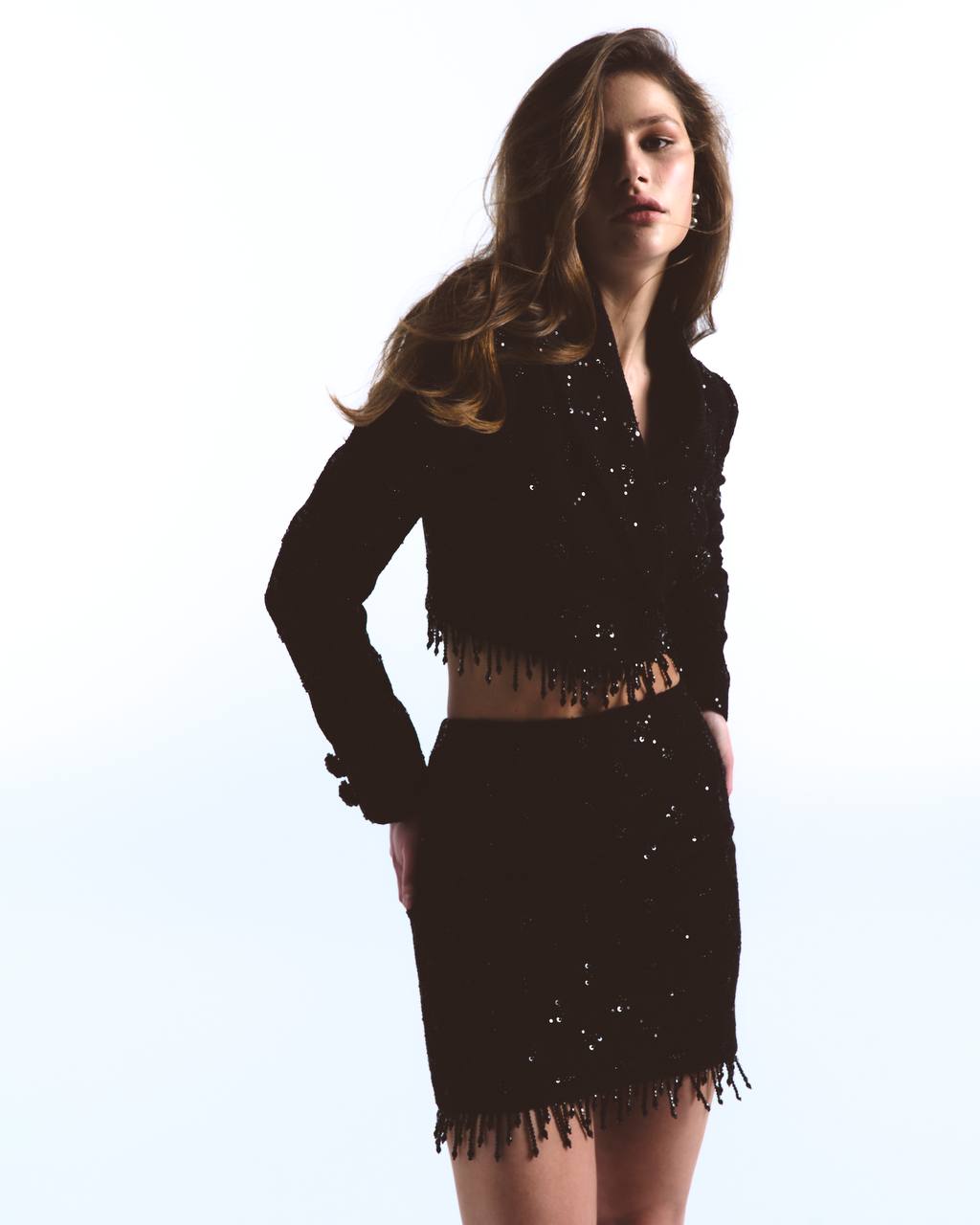 Short tweed suit with sequin trim