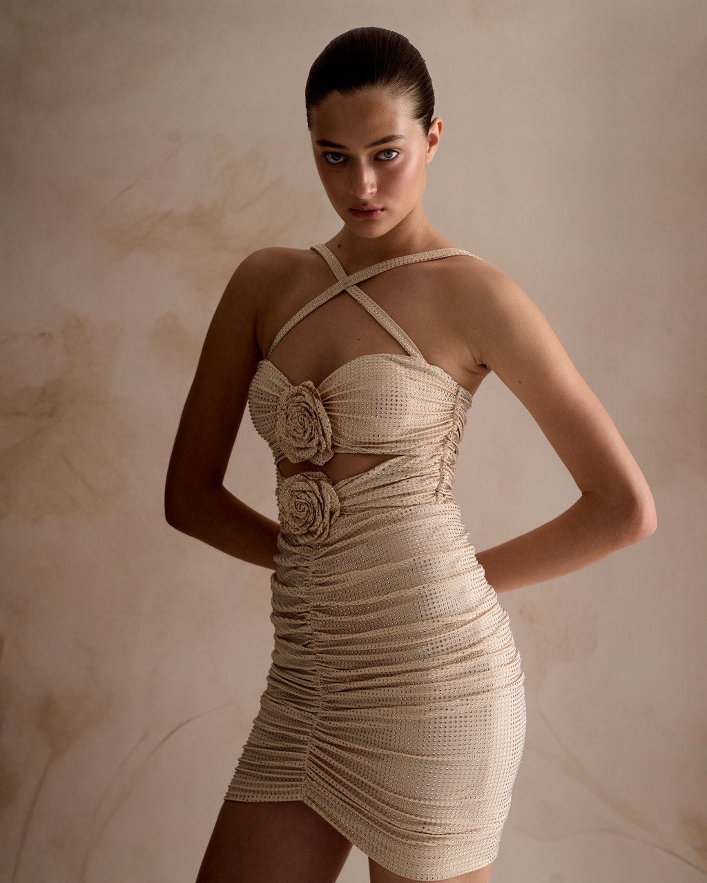 Nude mini dress with floral appliquеs