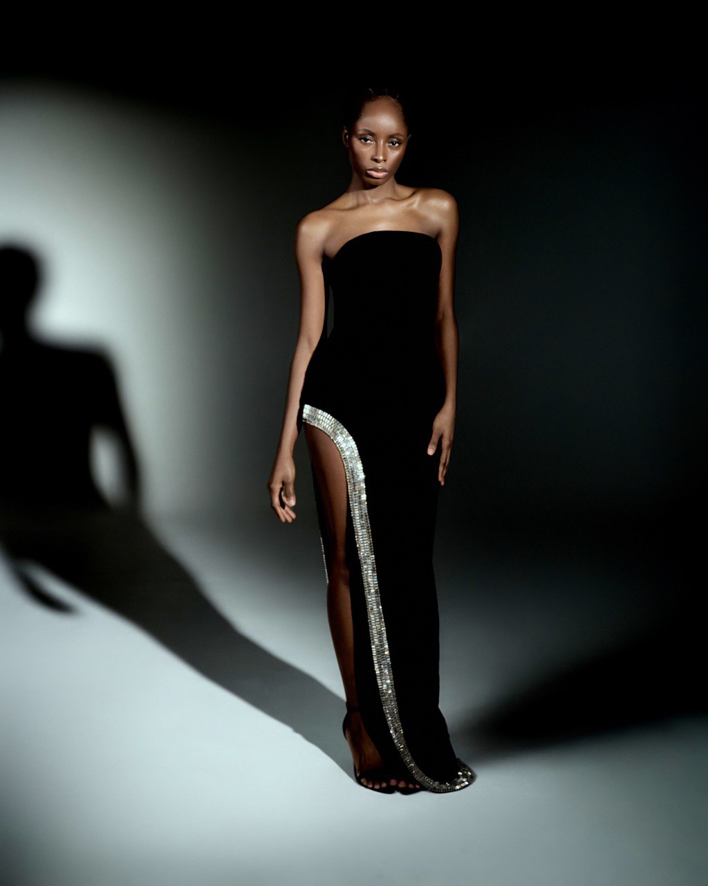 Black velvet gown with crystal trim