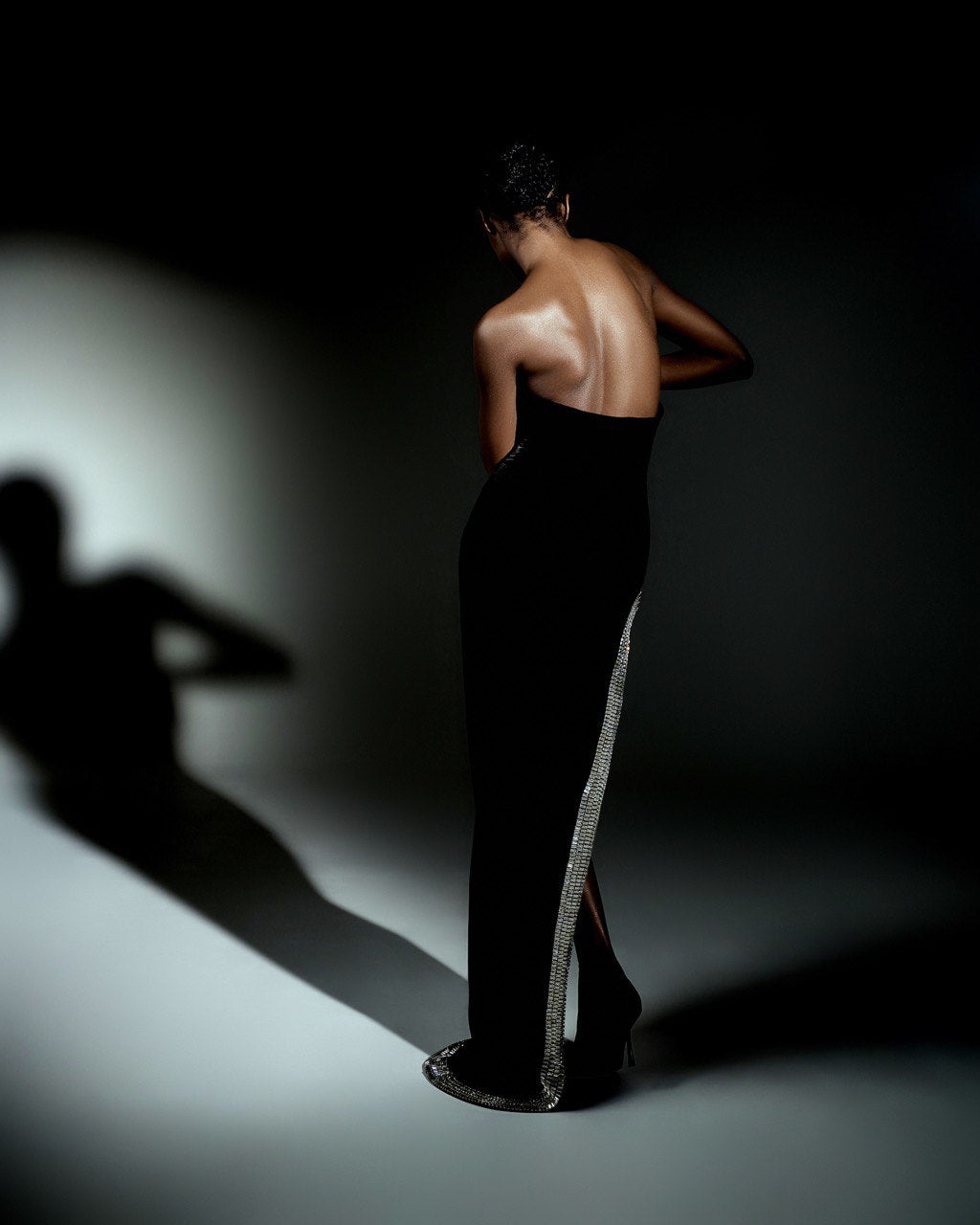 Black velvet gown with crystal trim