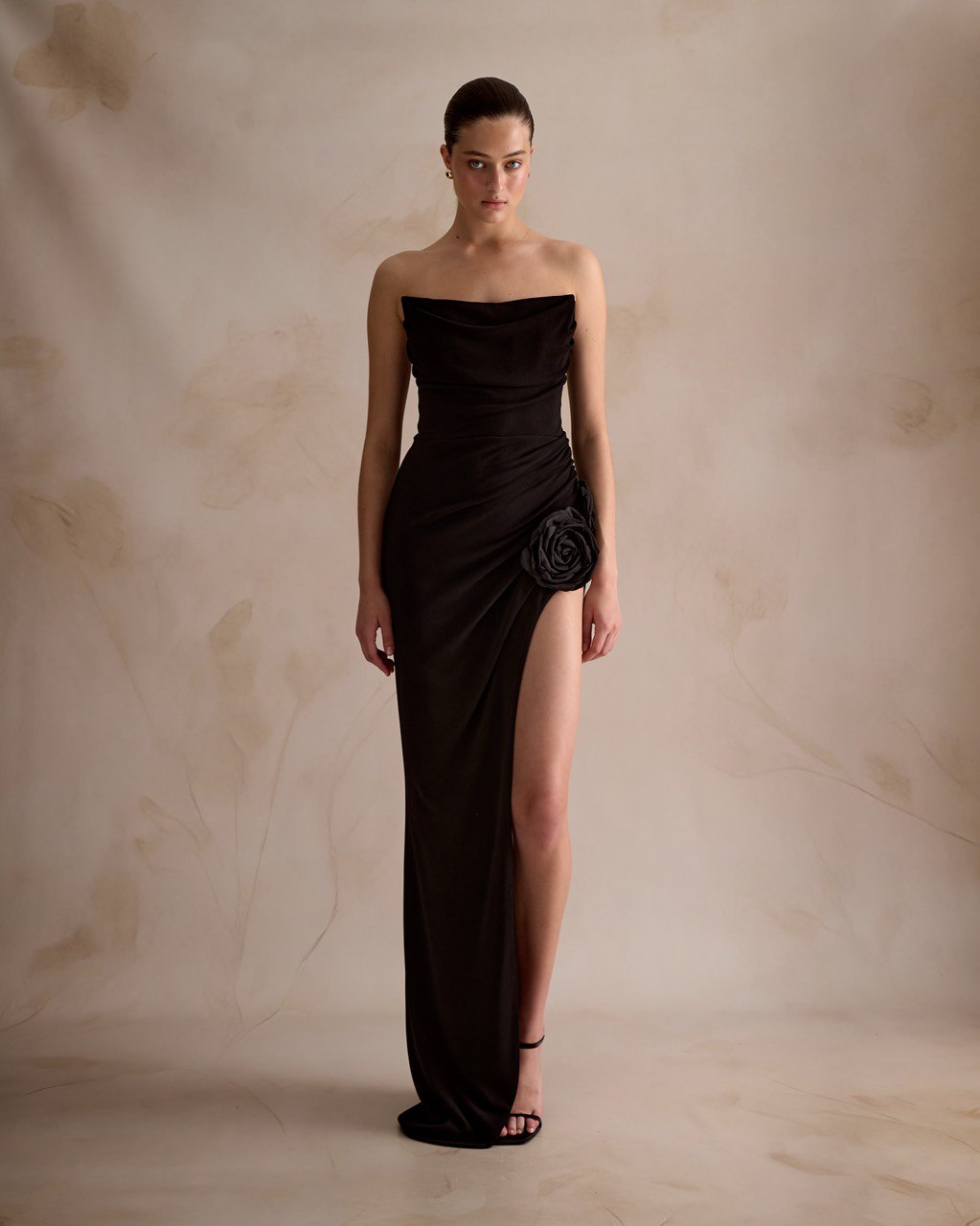 Black Strapless Gown with Rose Detail