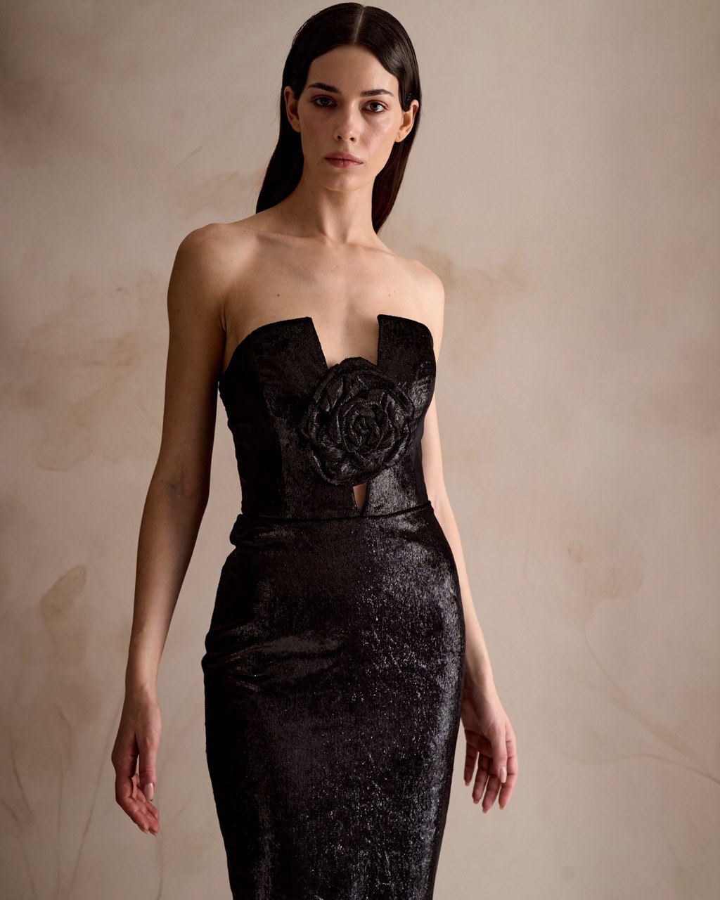 Black Strapless Gown with Rose Appliqué