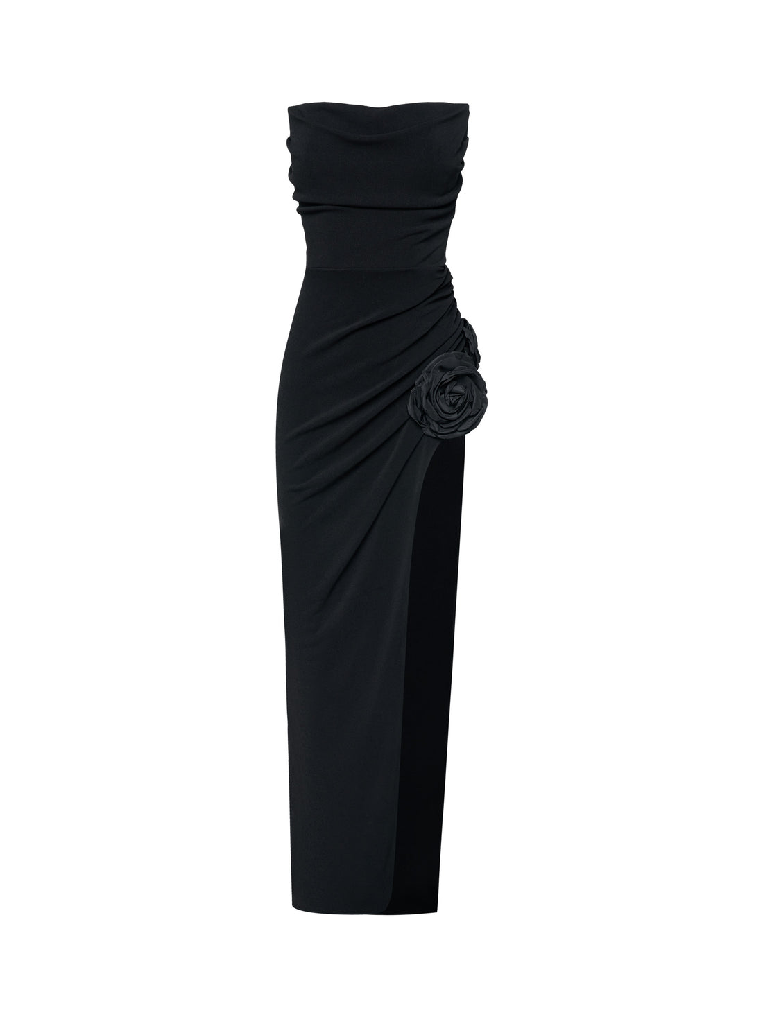 Black Strapless Gown with Rose Detail