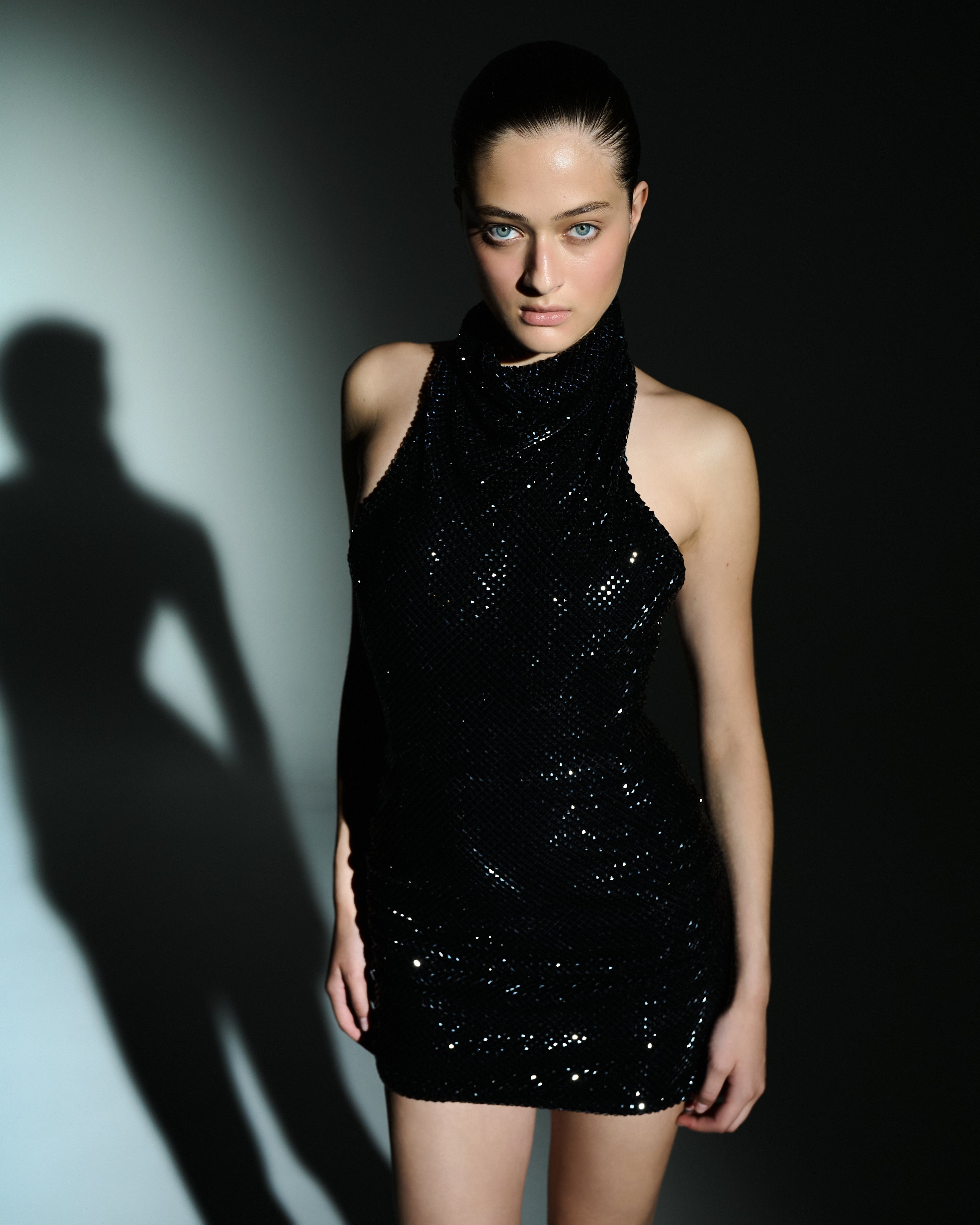 Black crystal-embellished mini dress