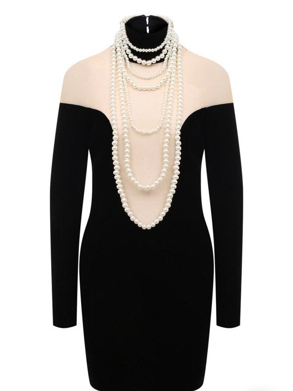 Black Mini Dress with Pearls and Illusion Mesh