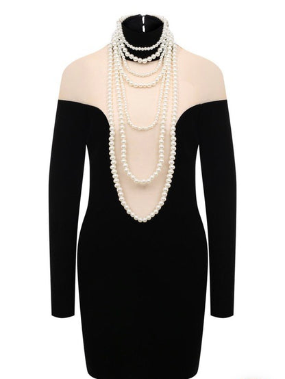Black Mini Dress with Pearls and Illusion Mesh