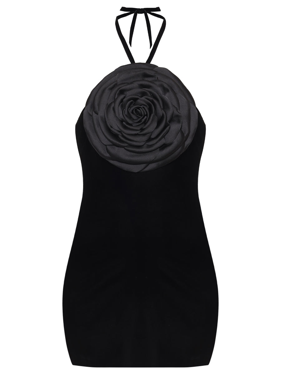 Black Mini Dress with Rose Detail
