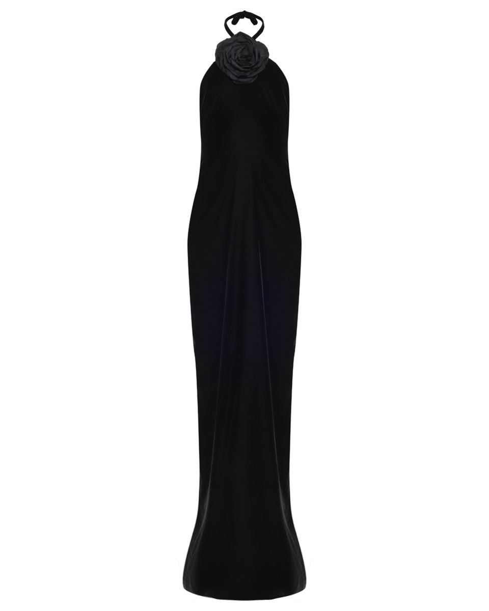 Black Velvet Gown with Rose Accent