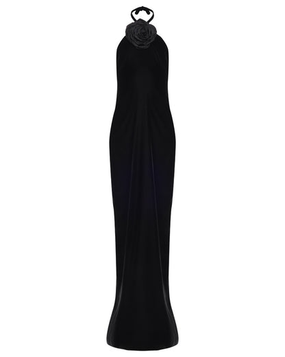 Black Velvet Gown with Rose Accent