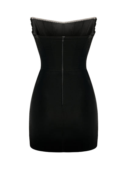 Black Mini Dress with Crystal-Trimmed Neckline