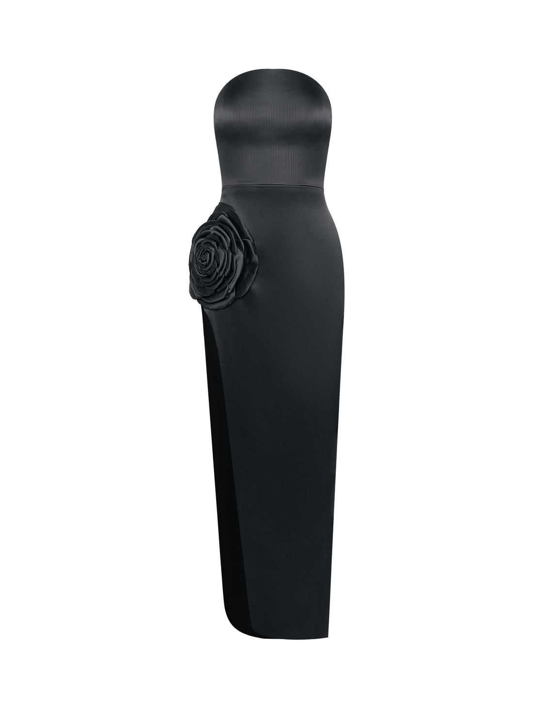 Black Strapless Gown with Rose Detail