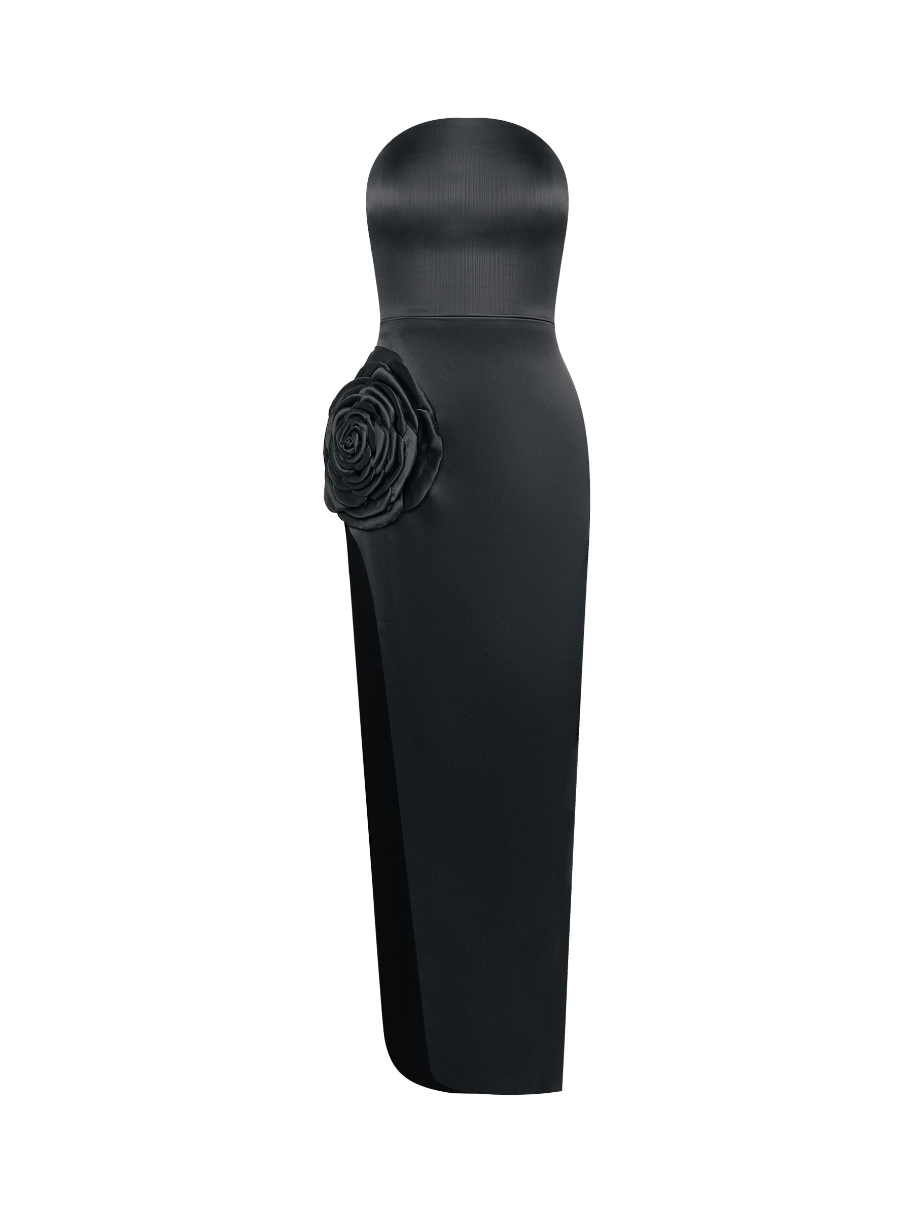Black Strapless Gown with Rose Detail