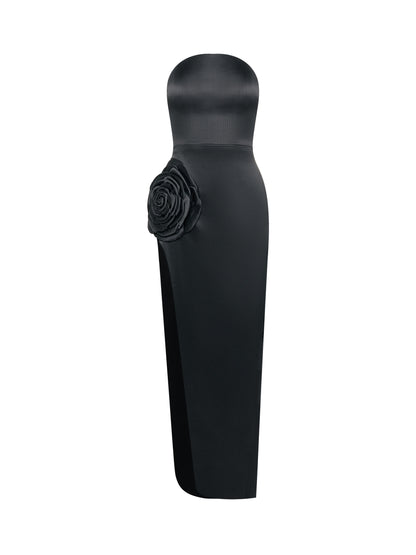 Black Strapless Gown with Rose Detail