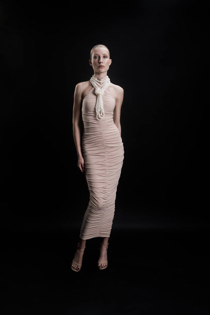 Beige Ruched Dress with Pearls