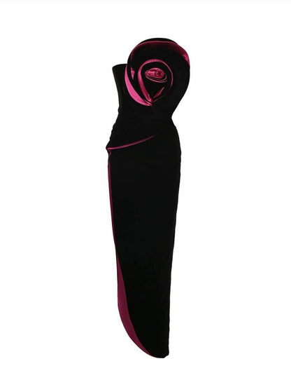 Black Velvet Gown with Fuchsia Rose