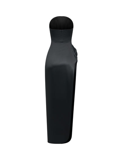 Black Strapless Gown with Rose Detail
