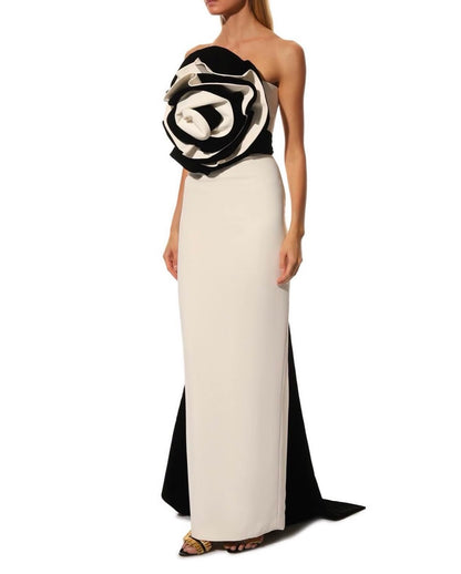 Black &amp; White Gown with Oversized Rose