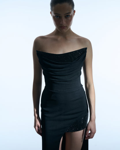 Black Strapless Dress with Draping and Crystals