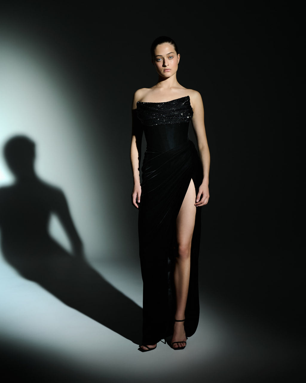 Black Off-Shoulder Gown with Sequin Bodice