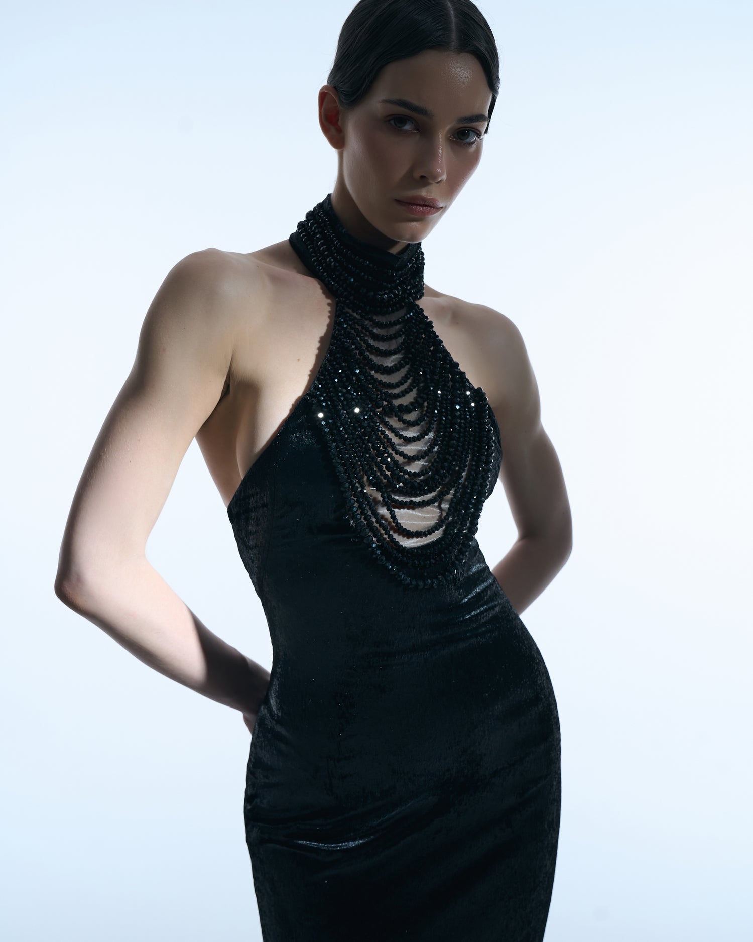 Black gown with cascading crystal neckline