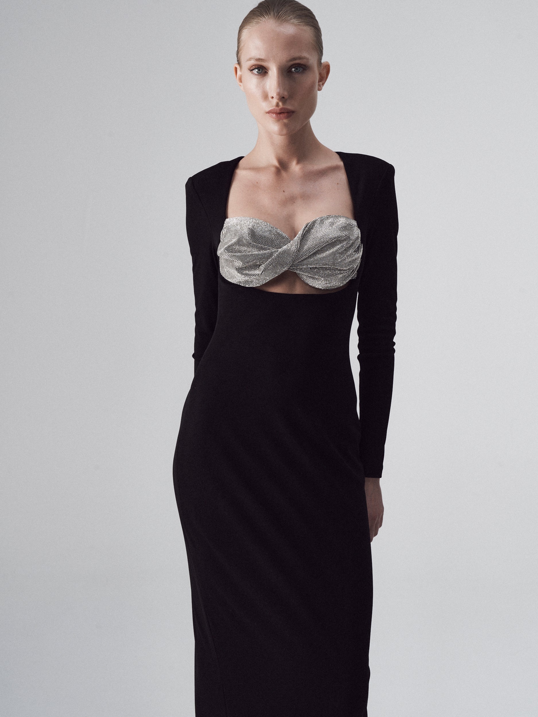 Evening dress in jersey with crystal embellishment