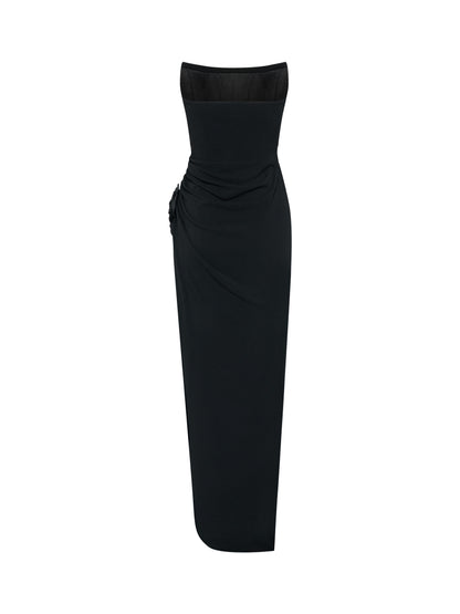 Black Strapless Gown with Rose Detail