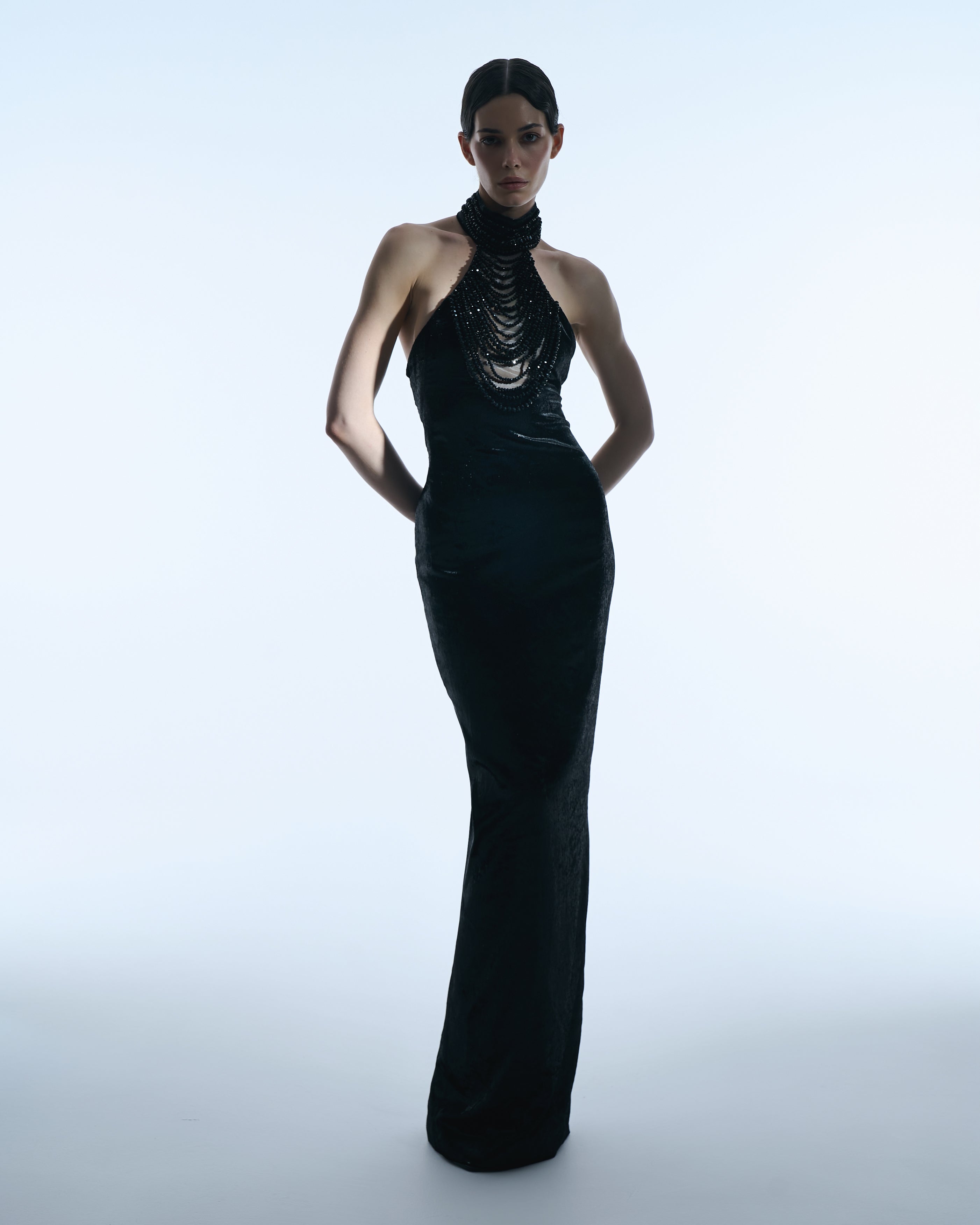 Black gown with cascading crystal neckline