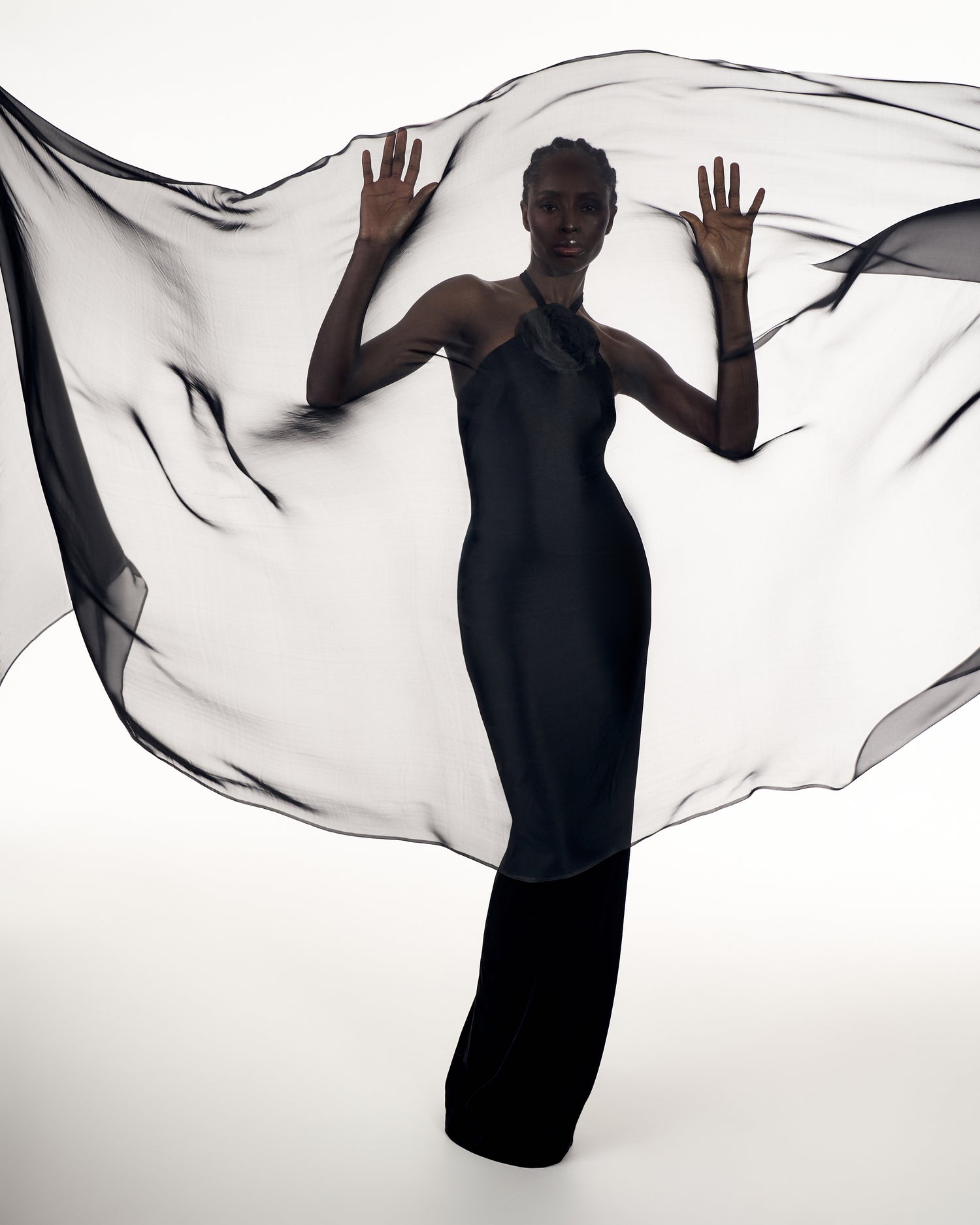 Black Velvet Gown with Rose Accent