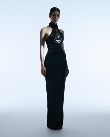 Black gown with cascading crystal neckline