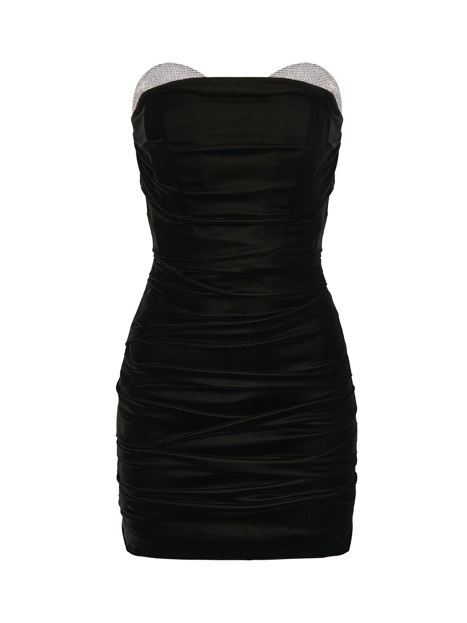 Off-Shoulder Ruched Mini Dress with Crystals