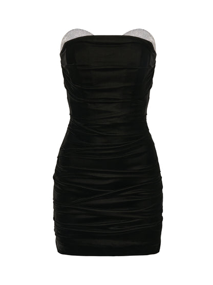 Off-Shoulder Ruched Mini Dress with Crystals