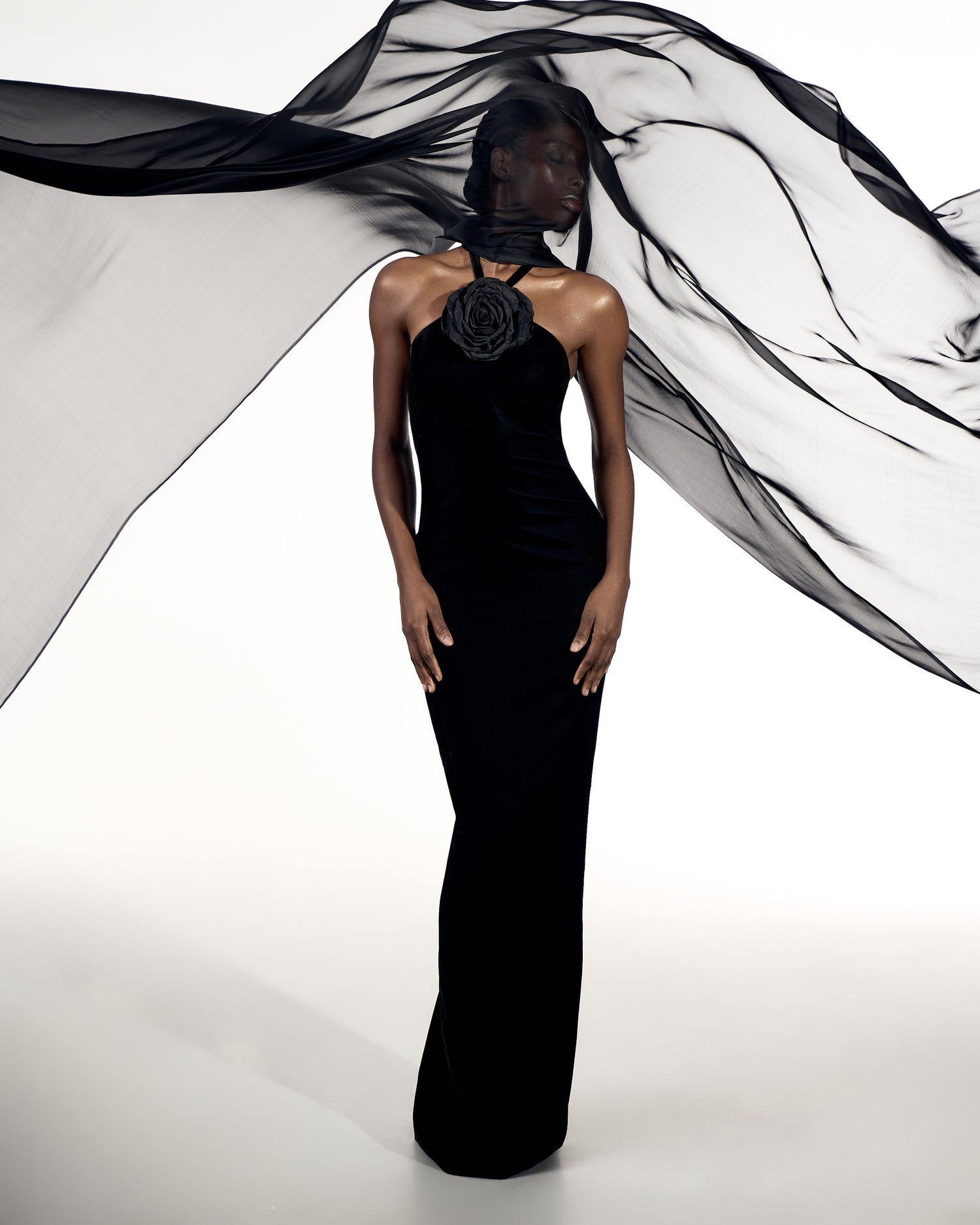 Black Velvet Gown with Rose Accent