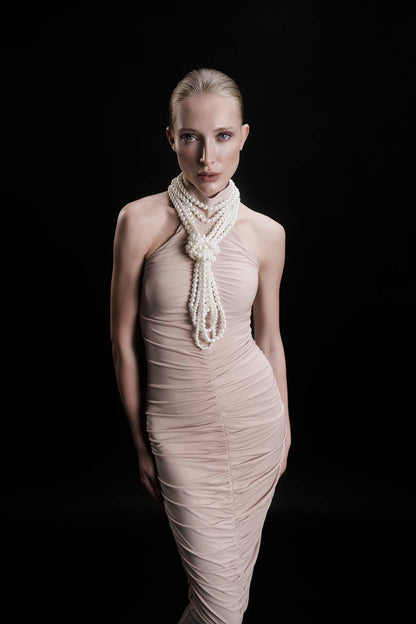 Beige Ruched Dress with Pearls