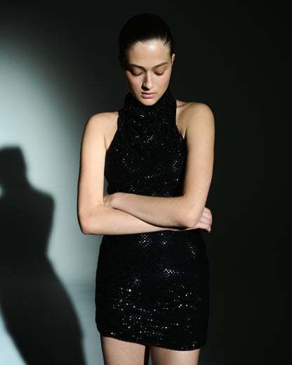 Black crystal-embellished mini dress