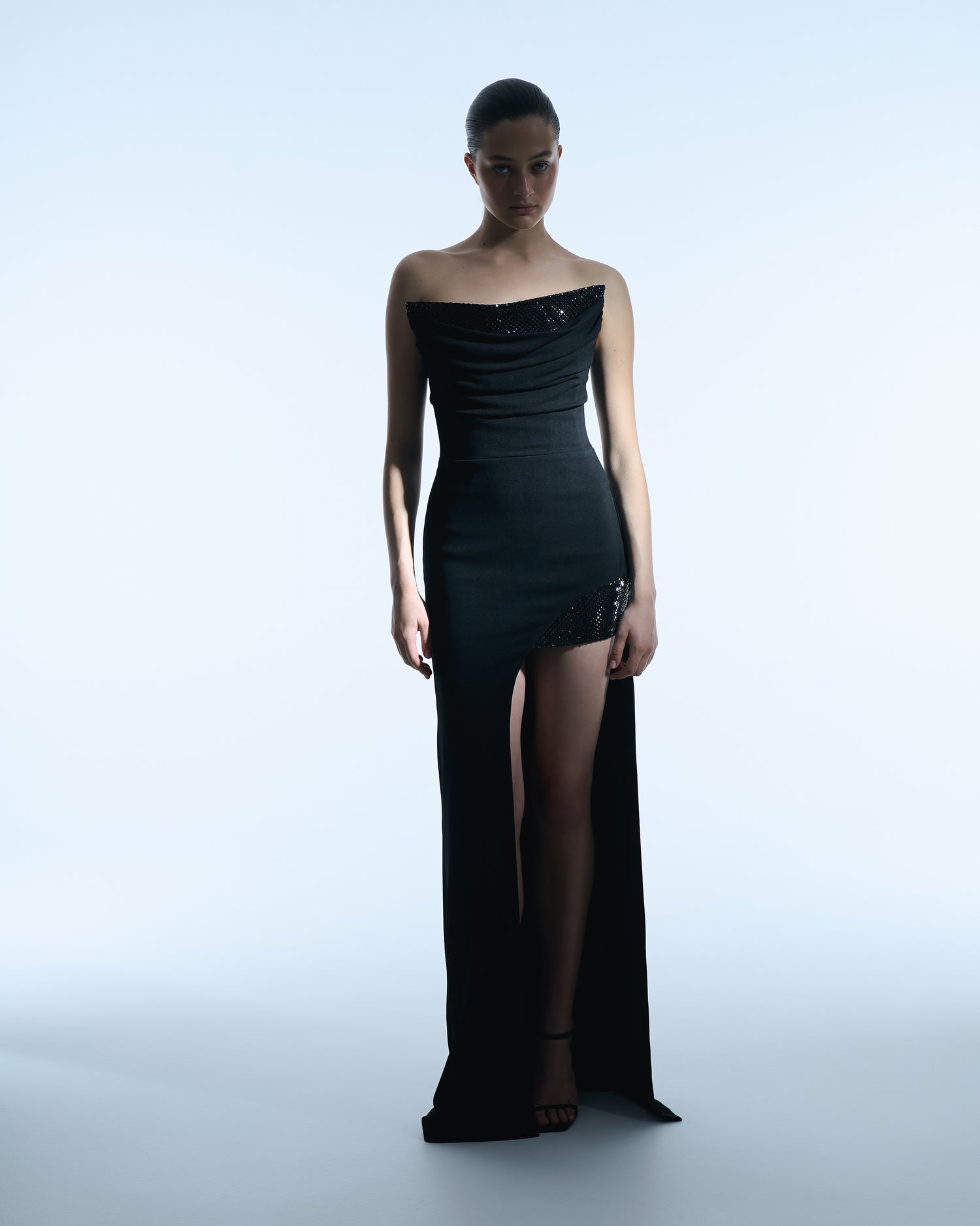 Black Strapless Dress with Draping and Crystals