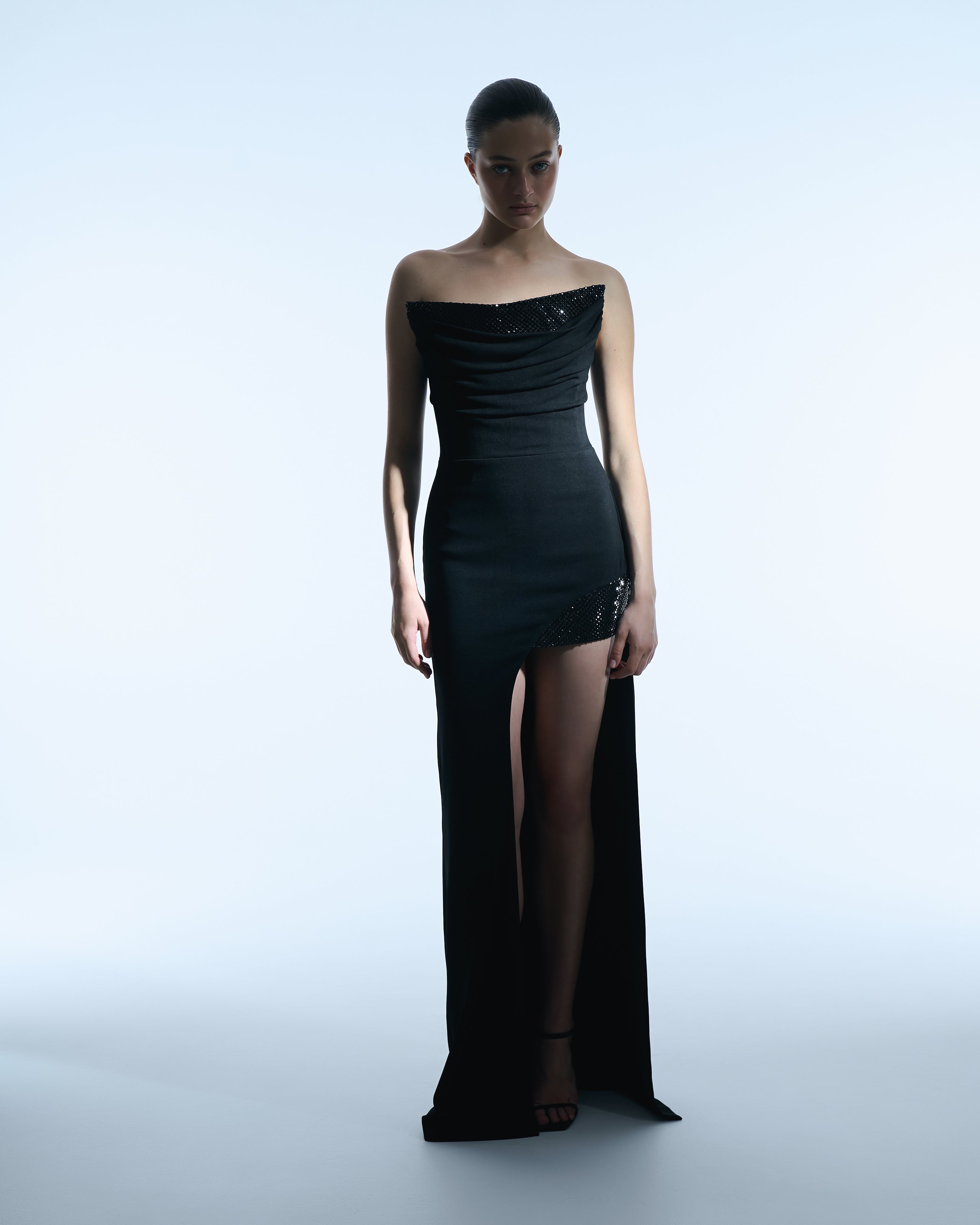 Black Strapless Dress with Draping and Crystals