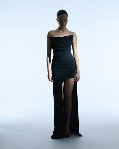 Black Strapless Dress with Draping and Crystals