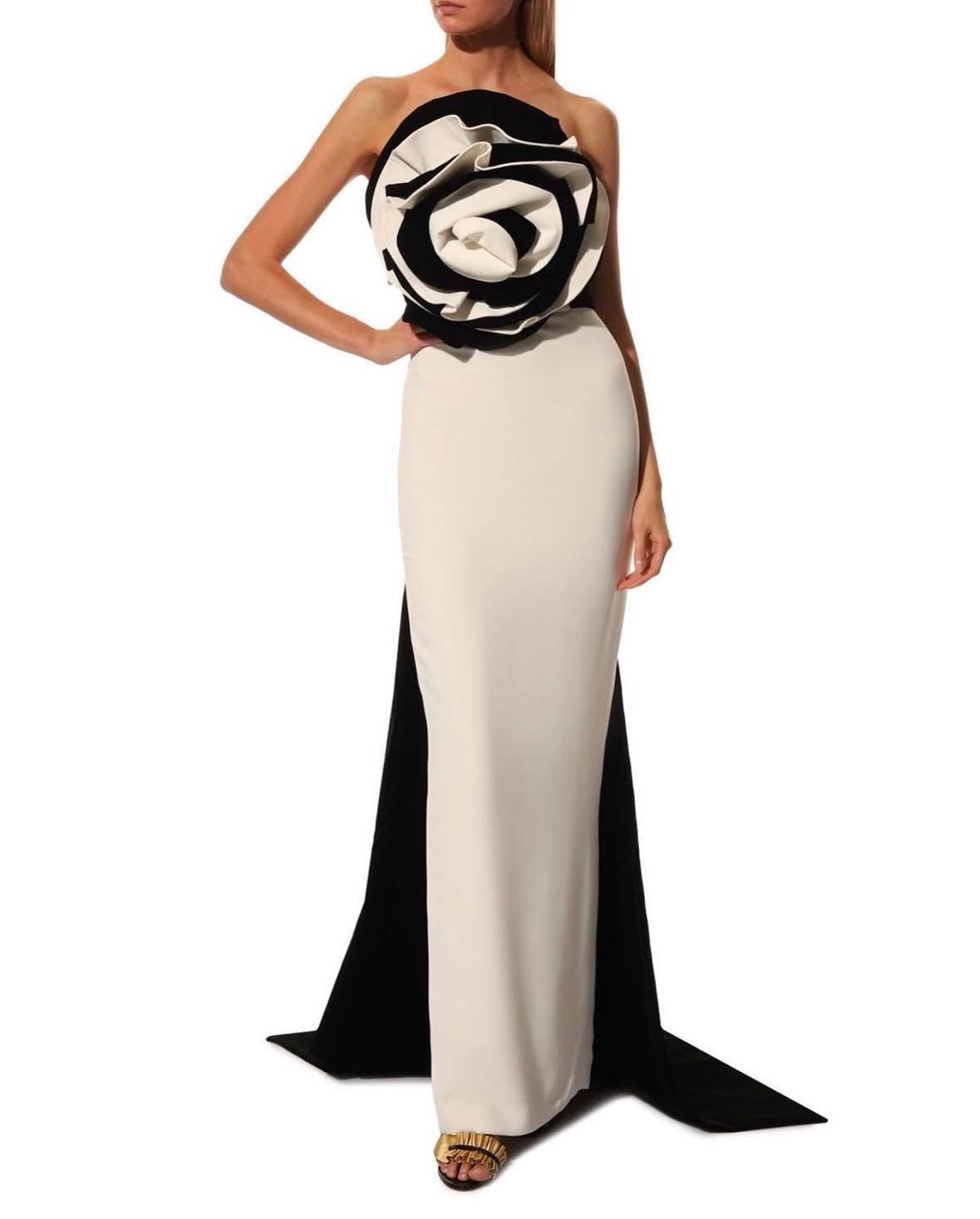 Black &amp; White Gown with Oversized Rose